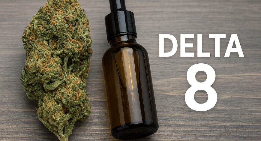 Delta-8 THC concept shown with a cannabis bud and amber dropper bottle on wooden surface, representing what is Delta 8 THC