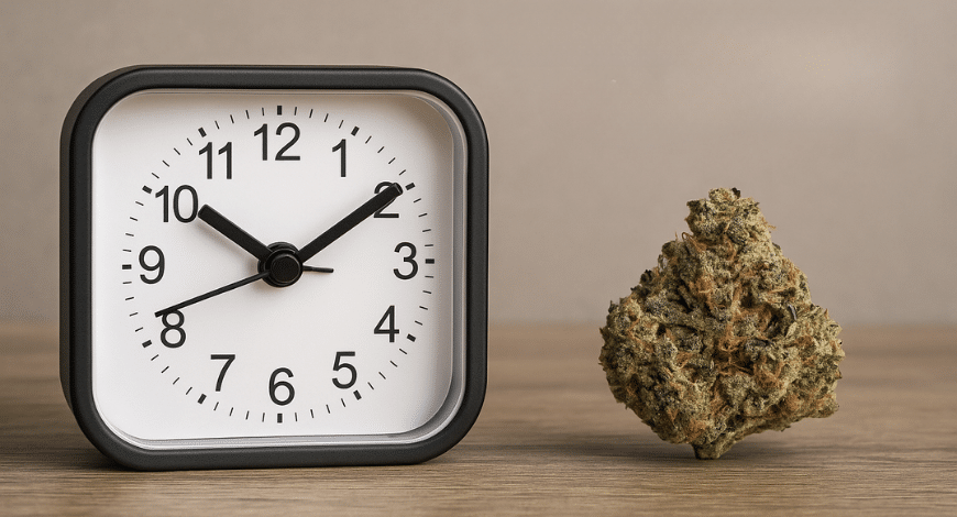 Clock next to a cannabis bud on wooden surface, symbolizing duration of effects when asking what is Delta 8 and how long it lasts