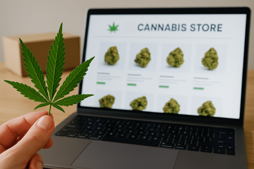Hand holding a cannabis leaf in front of a laptop screen showing an online cannabis store with product listings