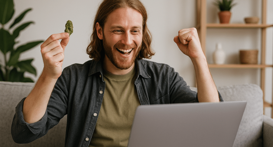 Happy man holding a cannabis bud while celebrating in front of a laptop, showing excitement to buy ganja online
