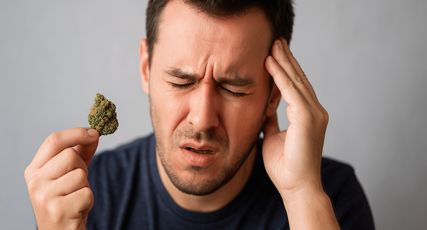 Man holding cannabis bud with a pained expression and touching his head, representing possible adverse reactions