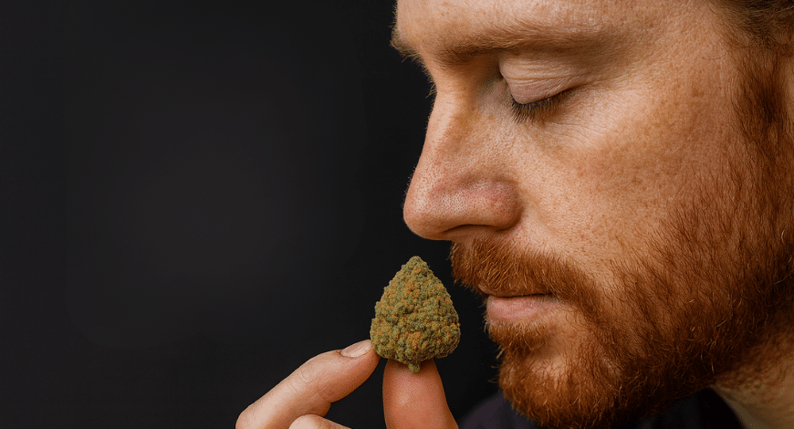 Man smelling Atomic Northern Lights cannabis bud, highlighting its rich aroma and flavor profile