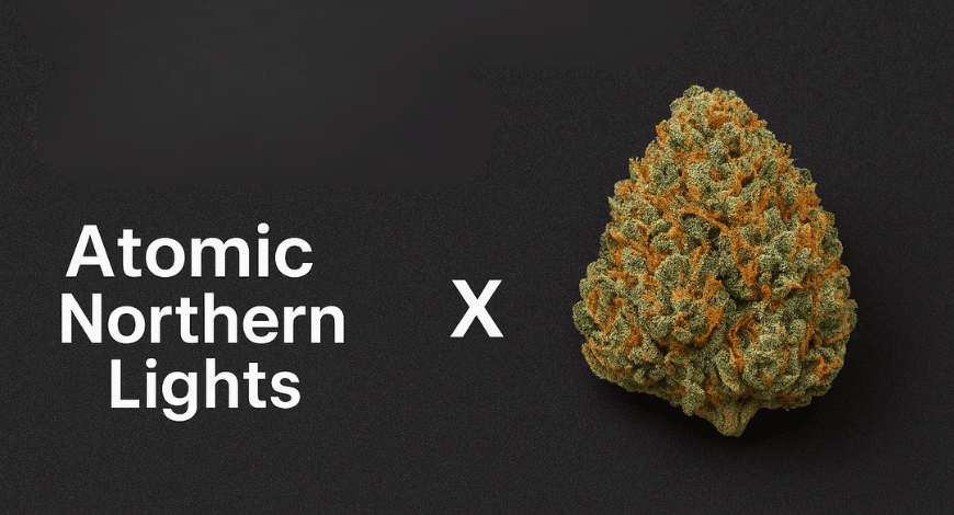 Atomic Northern Lights cannabis bud with bold orange pistils on dark background, highlighting strain genetics