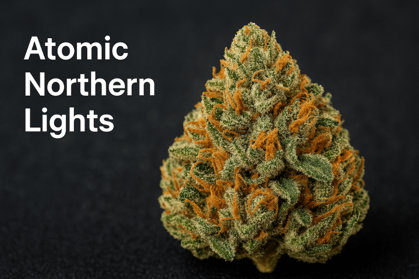 Close-up of Atomic Northern Lights cannabis bud with frosty trichomes and orange hairs on a dark background