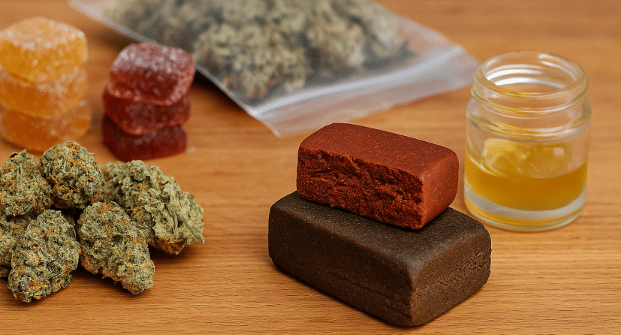 Assorted cannabis products including Red Lebanon hash, buds, edibles, and concentrates showing broader product selection