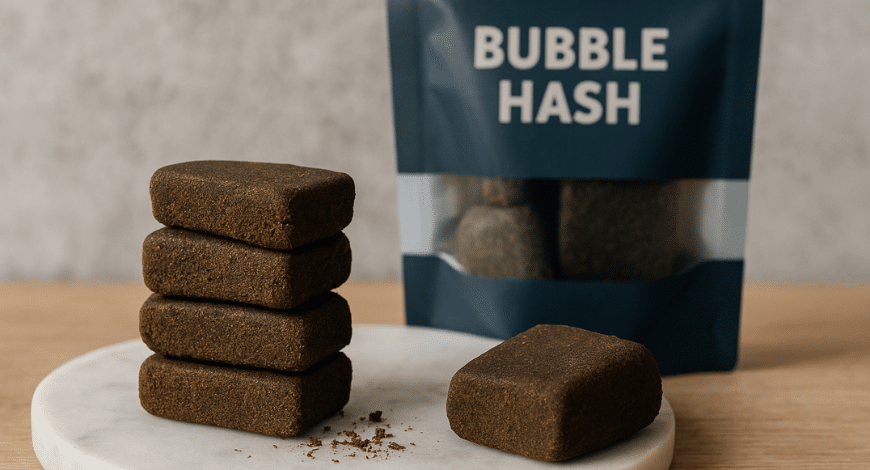 Stack of bubble hash blocks with branded packaging in the background, showcasing high-quality cannabis concentrate