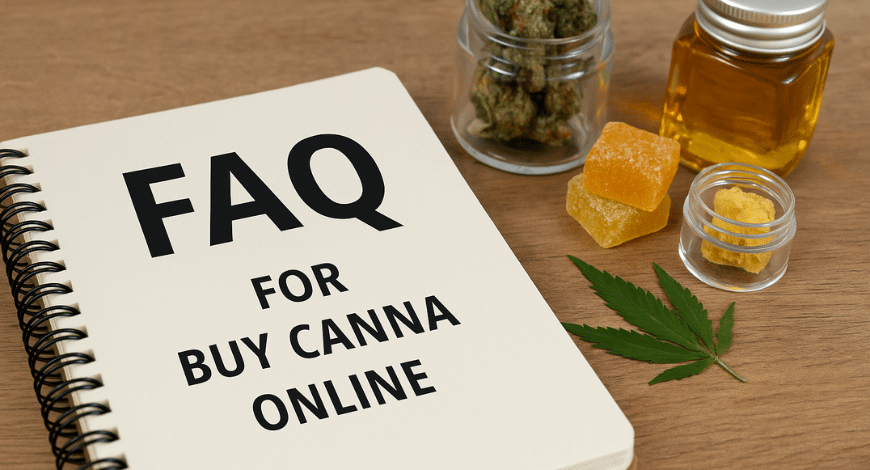 Notebook with FAQ for buying canna online, surrounded by cannabis flower, oil, concentrates, and edibles on wooden table