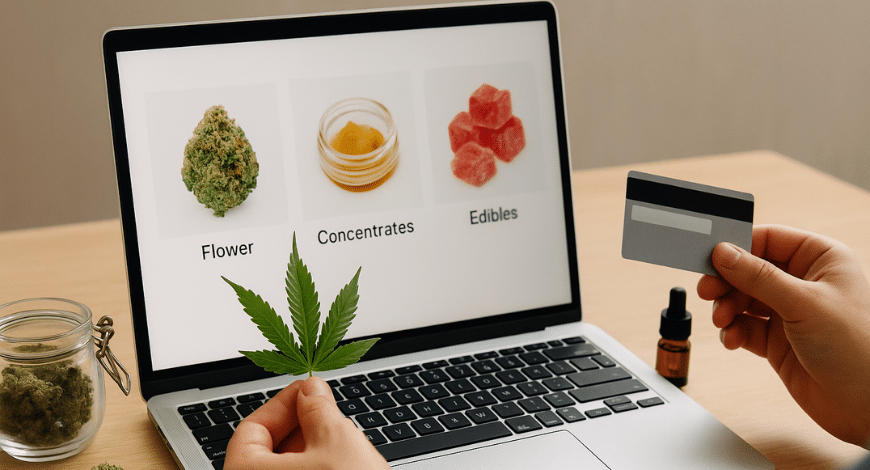 Person shopping online for cannabis flower, concentrates, and edibles with credit card, symbolizing buying canna online