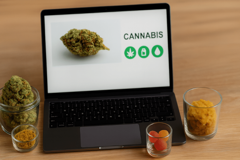 Laptop screen showing cannabis with flower, concentrates, and edibles on desk, representing canna online in Canada