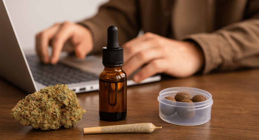 Cannabis flower, pre-roll, oil dropper, and edibles placed near laptop, symbolizing final thoughts on buying canna online