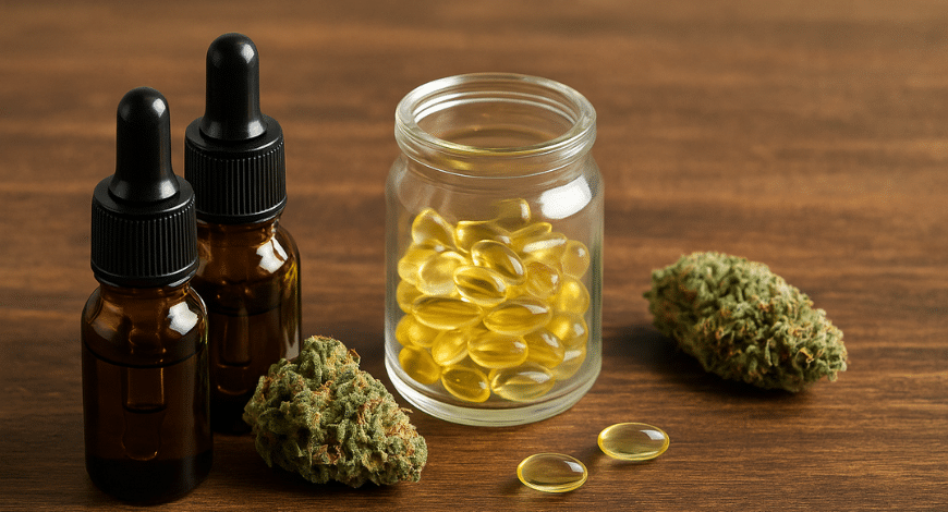 Cannabis oils in dropper bottles and golden capsules with buds on table, offering a consistent and easy-to-dose high