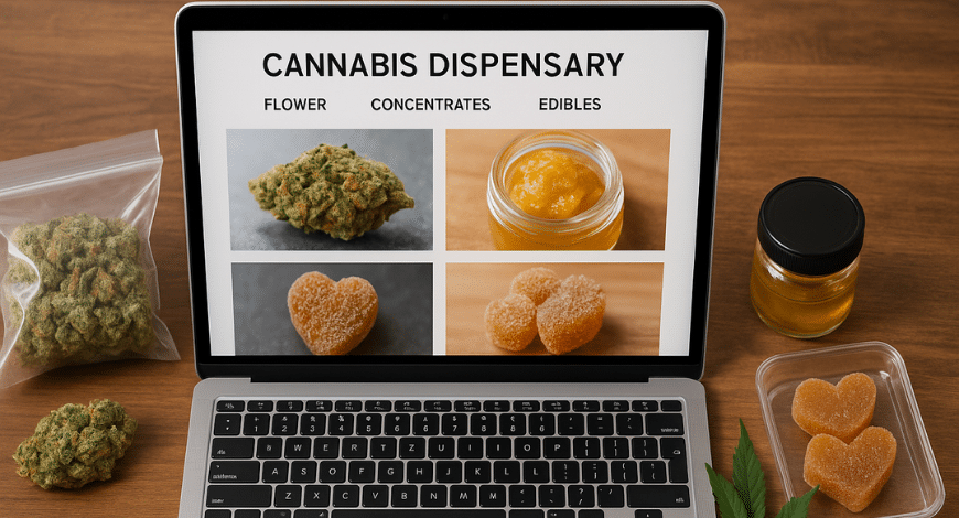 Laptop screen showing cannabis flower, concentrates, and edibles, highlighting what to find at a reputable online dispensary