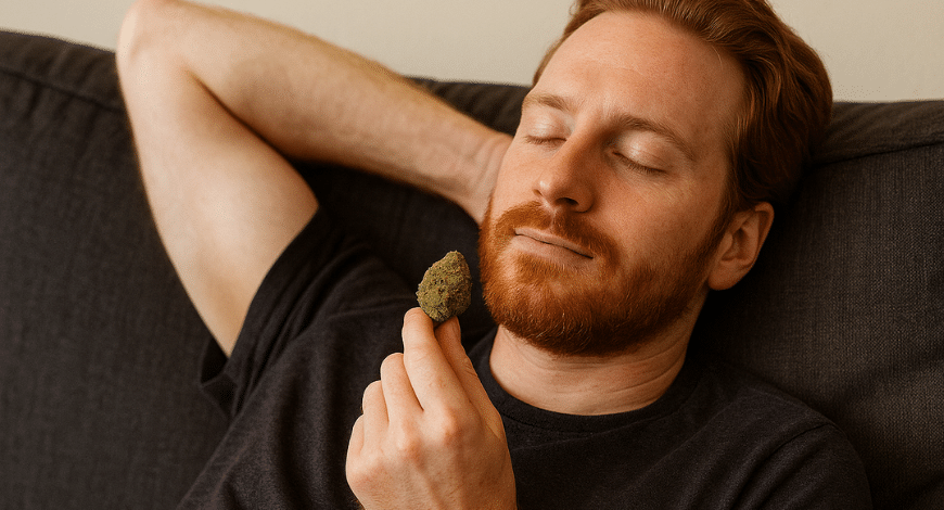 Man relaxing on a couch holding Atomic Northern Lights cannabis bud, reflecting its calming indica effects