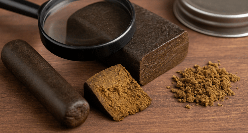 Different types of hash with a magnifying glass on wooden table, representing the process of evaluating hash quality