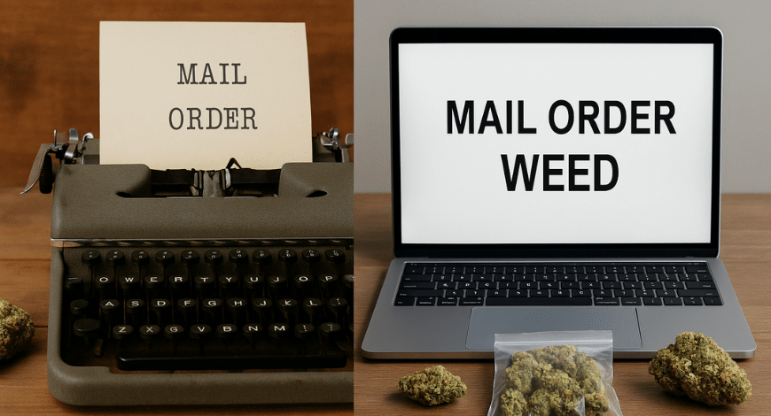 Evolution of mail order weed shown with typewriter and modern laptop alongside cannabis buds