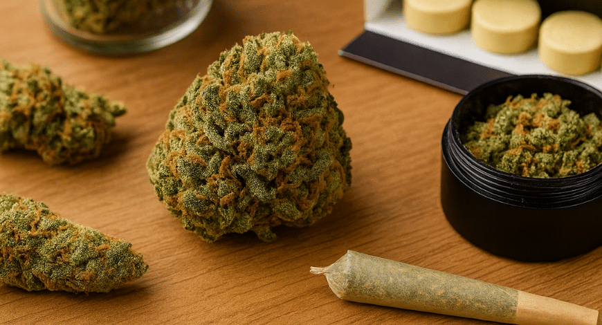 Atomic Northern Lights cannabis buds, joint, and grinder on table, ready to purchase from dispensary