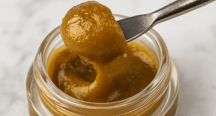Golden hash rosin concentrate in a glass jar with a dab tool, showcasing premium cannabis extract
