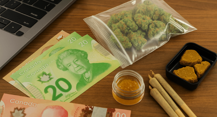 BC Bud with Canadian money, weed, hash, and pre-rolls showing how mail order marijuana evolved in Canada