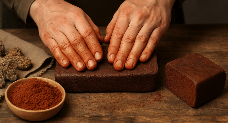 Hands pressing cannabis resin into blocks with powder and buds nearby, showing how producers make Red Lebanon hash