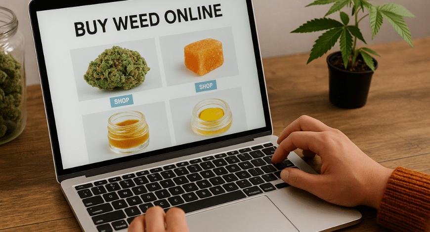 Person browsing laptop with cannabis, edibles, and concentrates options under 'Buy Weed Online' in Canada