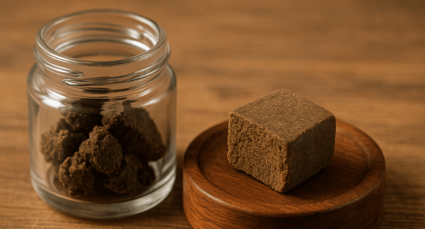 Glass jar and wooden container with hash stored properly, illustrating best practices for how to store your hash