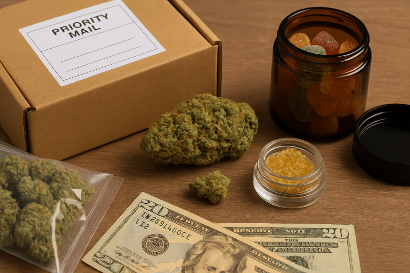 Mail order weed in Canada with cannabis buds, edibles, concentrates, cash, and priority shipping box for fast delivery and savings