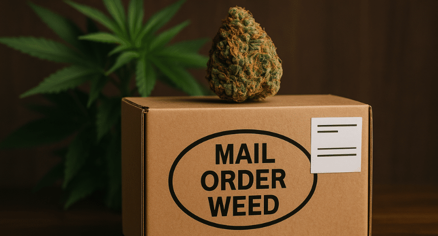 Cannabis bud placed on a mail order weed package box with marijuana plant in the background