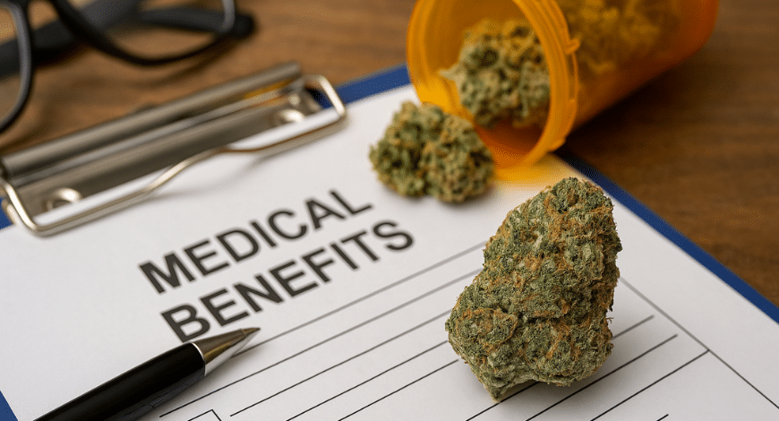 Atomic Northern Lights cannabis bud on medical benefits form, symbolizing therapeutic uses of the strain
