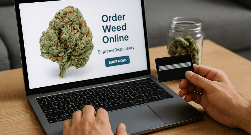 Laptop screen showing SupremeDispensary website to order weed online with credit card and cannabis jar nearby