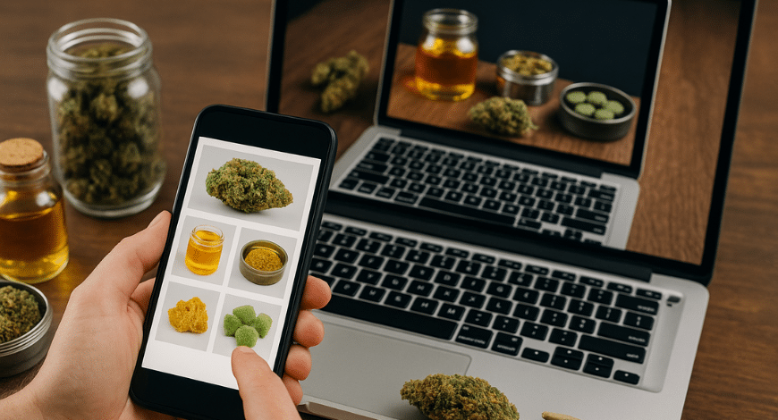 Person browsing cannabis products on phone and laptop, showing options like flower, oils, and edibles for online ordering
