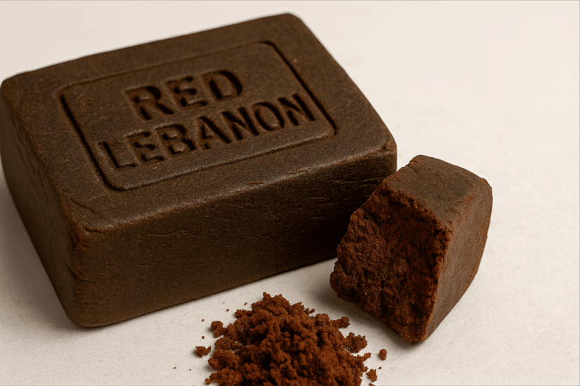 Red Lebanon hash block with broken piece and powder, a classic Middle Eastern delicacy known for its potent high