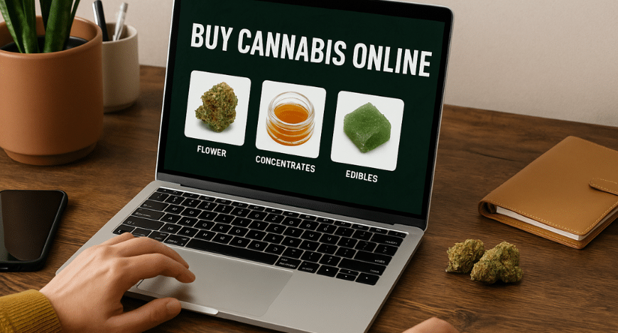 Person shopping cannabis online with options for flower, concentrates, and edibles on laptop screen