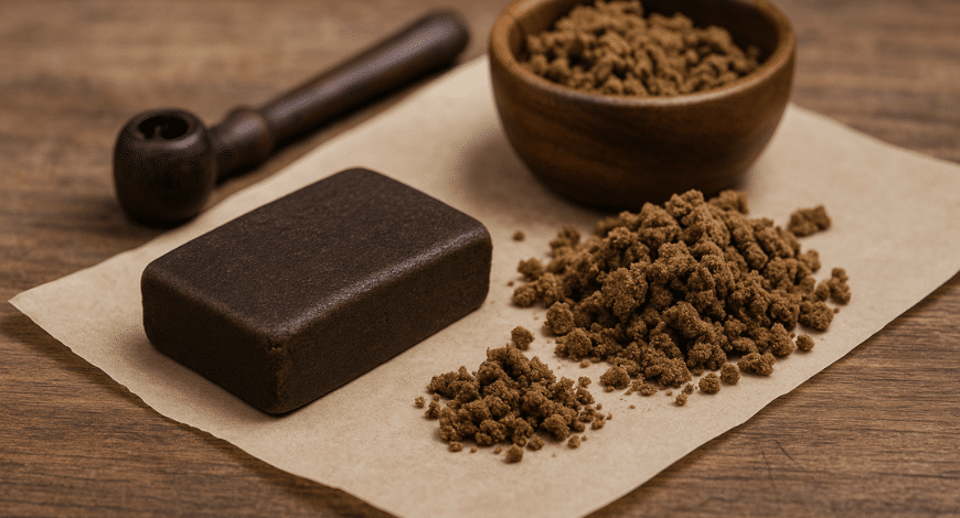 Block and crumbled hash with wooden pipe and bowl on table, symbolizing the evolution and legacy of traditional hash