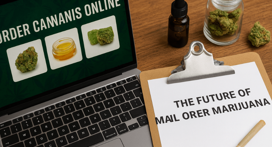 Laptop showing cannabis products online beside a clipboard with text about the future of mail order marijuana
