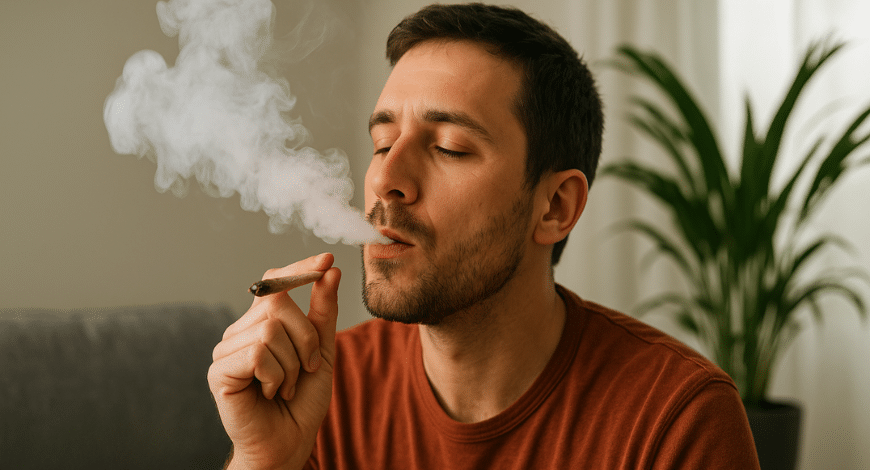 Man smoking Lemon Kush cannabis joint indoors, exhaling smoke to show the strain’s relaxing and uplifting effects