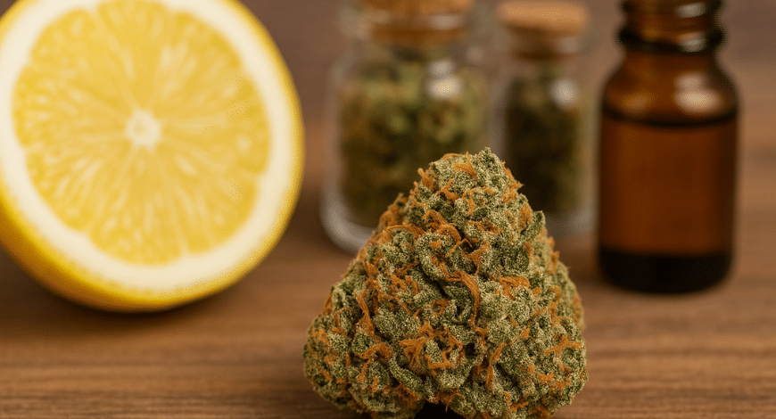 Lemon Kush cannabis bud with lemon and jars, highlighting the strain’s terpene profile and citrus notes
