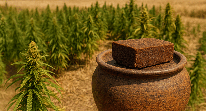 Block of Lebanese red hash on clay pot with cannabis fields in background, showing the origin of Lebanese hash