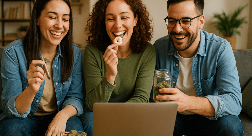 Group of friends enjoying cannabis edibles and buds while socializing and watching something on a laptop