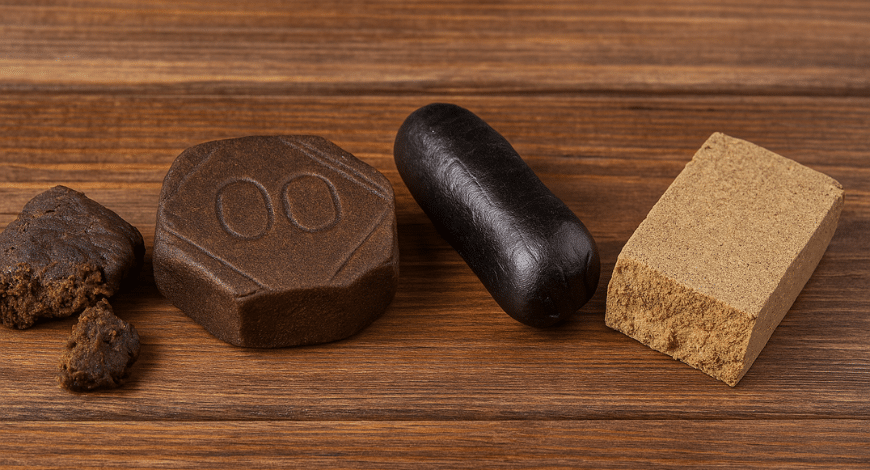 Different types of hash including dark, pressed, and crumbled varieties on wooden table, showing the best hash online in Canada