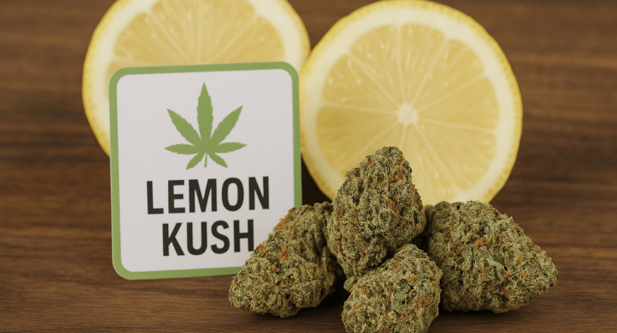 Lemon Kush strain buds with sliced lemons and label, symbolizing its hybrid cannabis genetics and citrus lineage