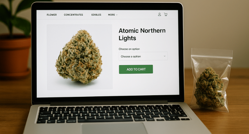 Atomic Northern Lights strain product page on laptop with cannabis bag, showing online purchase option in Canada
