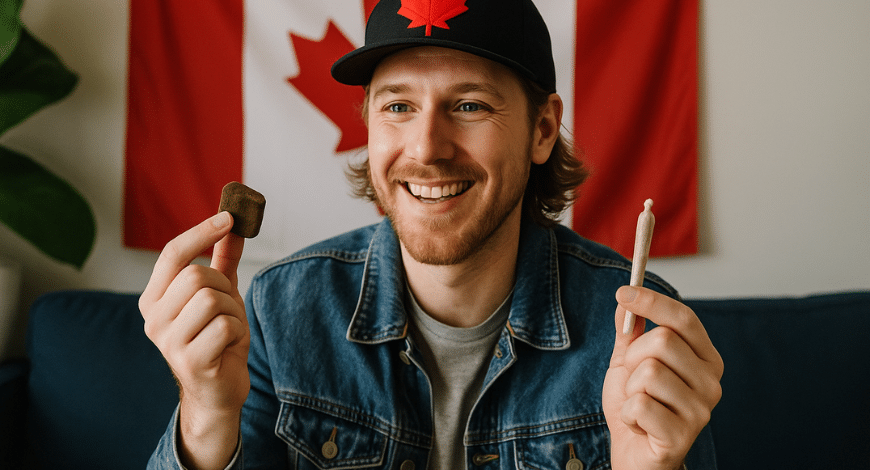 Smiling Canadian man holding hash and a joint with Canada flag in background, showing why Canadians love hash