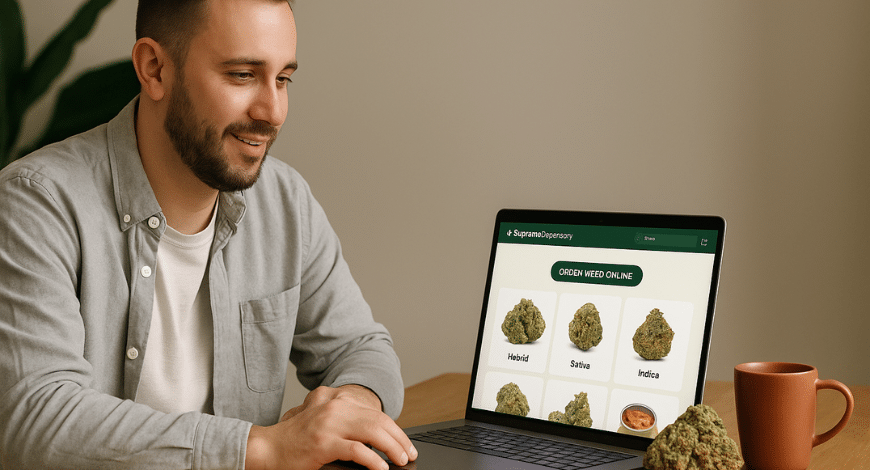 Smiling man browsing SupremeDispensary website on laptop to order weed online, showing hybrid, sativa, and indica strains