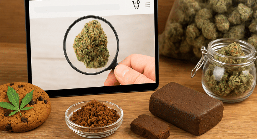 Red Lebanon hash, cannabis buds, and edibles beside tablet screen, showing why to shop from an online weed dispensary